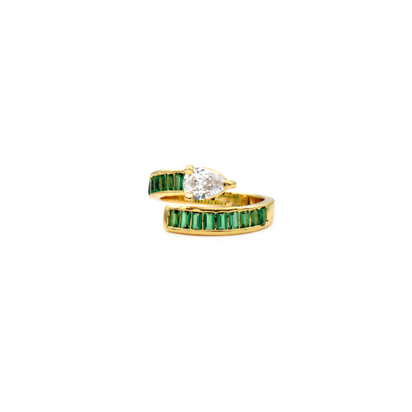 Gold & Emerald CZ Baguette Adjustable Ring