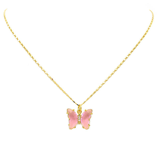 Gold & Pink Crystal Butterfly Pendant Necklace