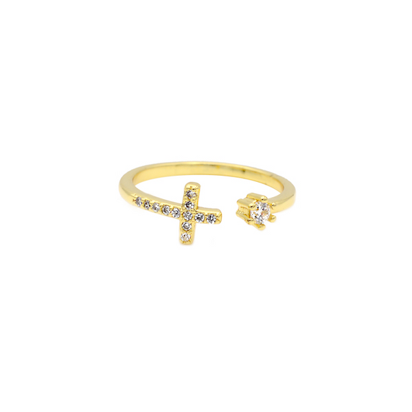 Gold Cubic Zirconia Adjustable Cross Ring