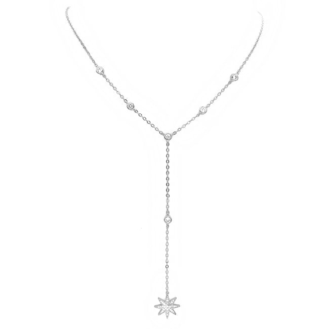 Silver Cubic Zirconia Pave Starburst Y Shape Necklace