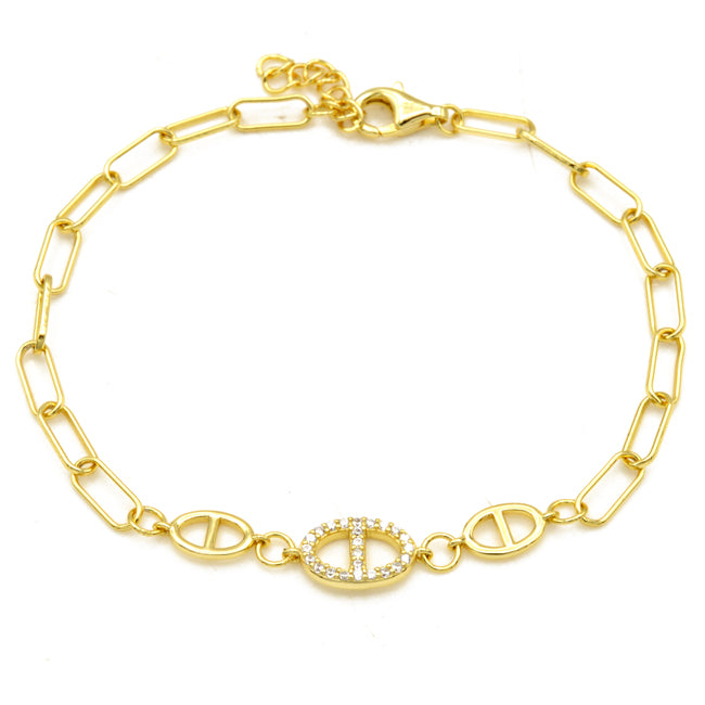 Sterling Silver Gold Plated CZ Link Chain Bracelet