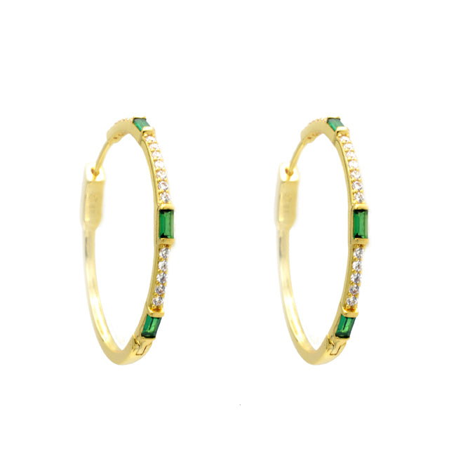 Gold Emerald Cubic Zirconia Baguette Hoop Earring
