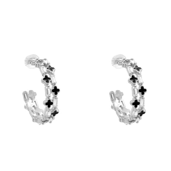 Silver CZ Clover Hoop Earring