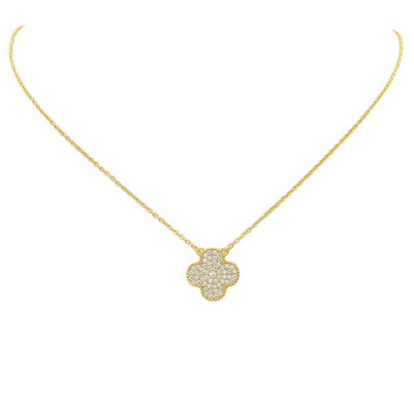 Sterling Silver Gold Plated CZ Clover Necklace