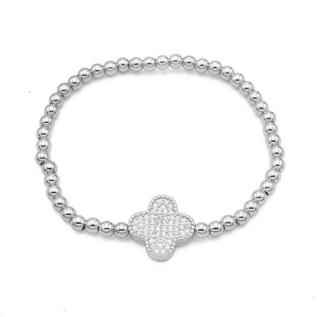 Silver CZ Clover Beaded Stretch Bracelet