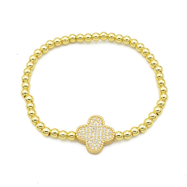 Gold CZ Clover Beaded Stretch Bracelet