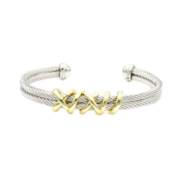 Two Tone Open Cuff X Bracelet