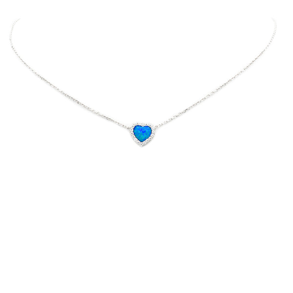 Sterling Silver CZ & Opal Heart Pendant Necklace