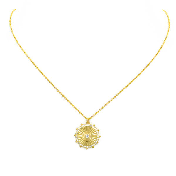 Sterling Silver Gold Plated CZ Disc Pendant Necklace