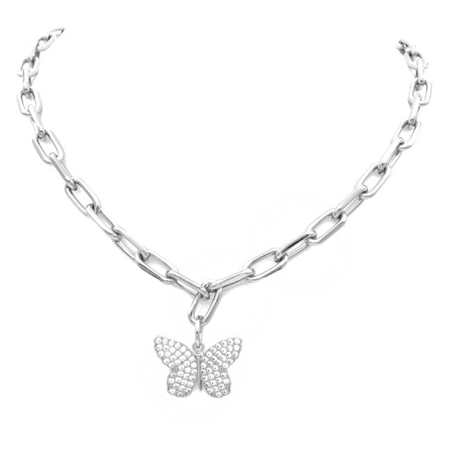 Silver Linked Chain CZ Butterfly Pendant Necklace