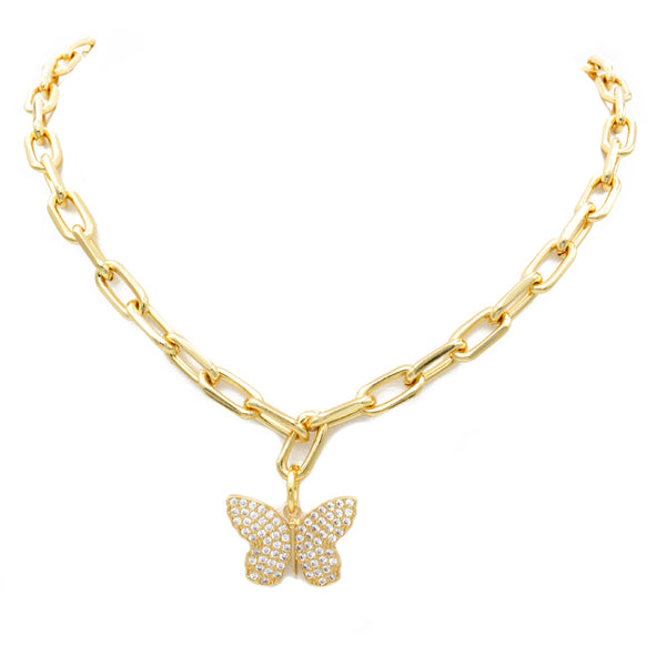 Gold Linked Chain CZ Butterfly Pendant Necklace