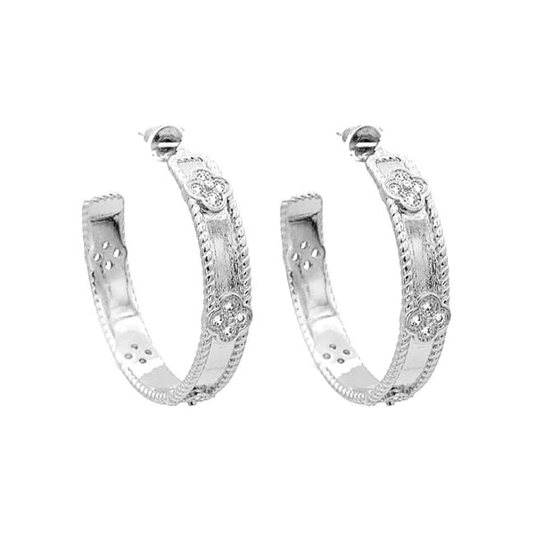 Silver CZ Clover Hoop Earring