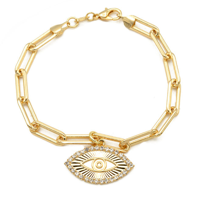 Gold Filled Paperclip CZ Evil Eye Charm Bracelet