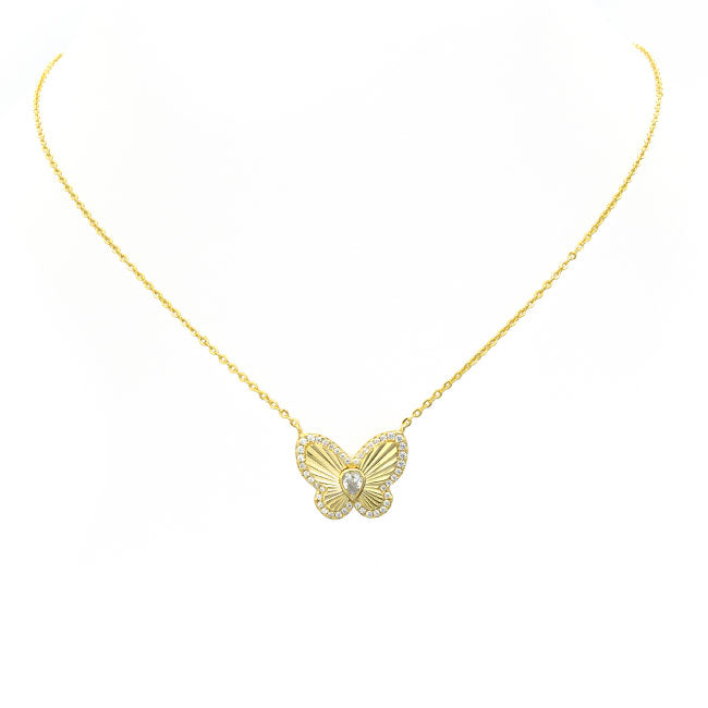Sterling Silver Gold Plated CZ Butterfly Pendant Necklace&nbsp;