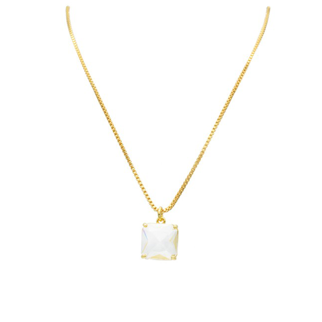Gold Filled Clear Cubic Zirconia Square Pendant Necklace