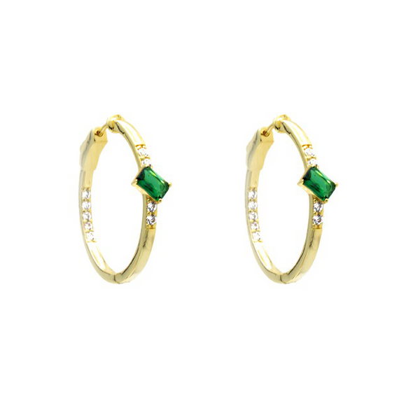 Gold Emerald Cubic Zirconia Baguette Hoop Earring
