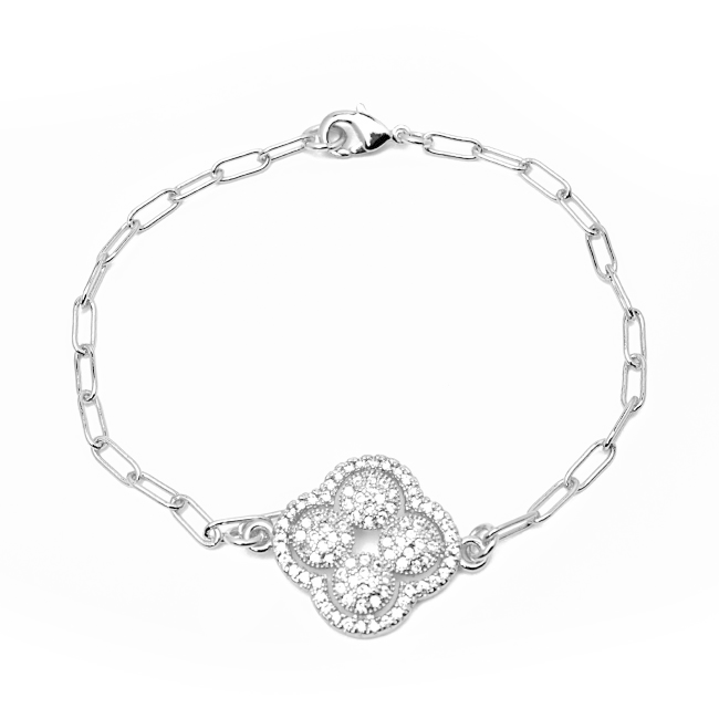 Silver Cubic Zirconia Pave Clover Chain Bracelet