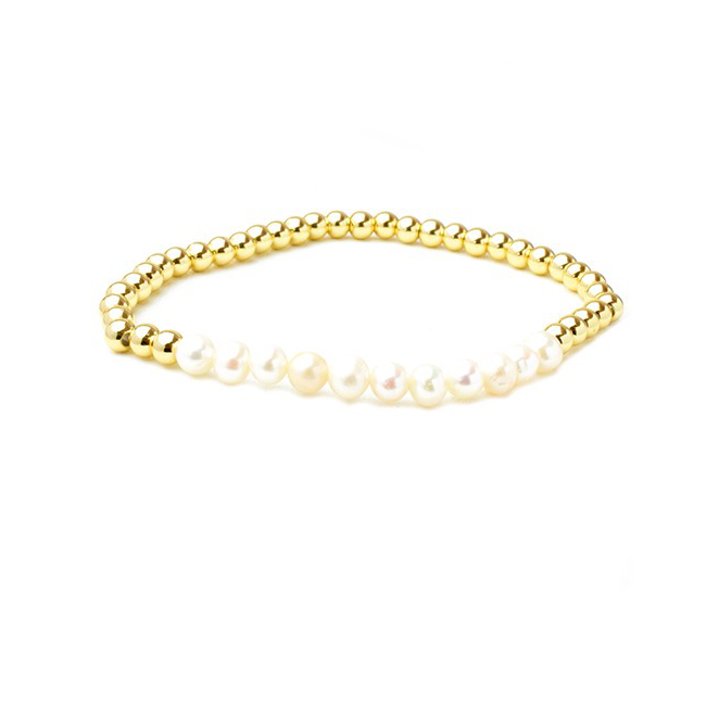Gold Plated Beaded Stretch Bracelet with Fresh Water Pearls