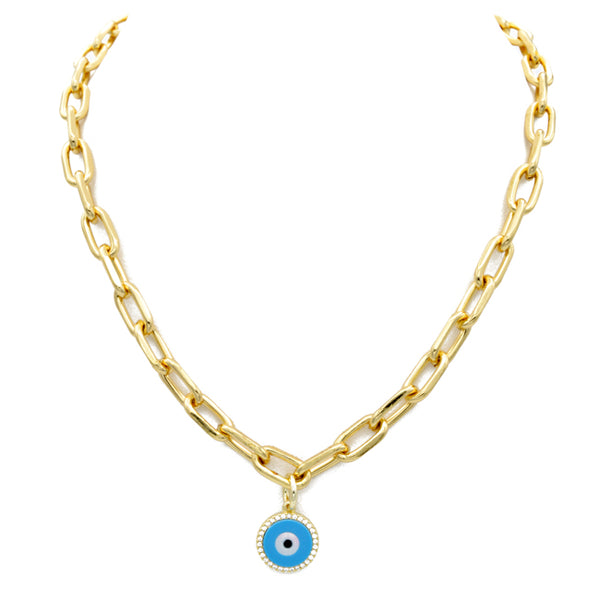 Gold Cubic Zirconia Evil Eye Pendant Necklace