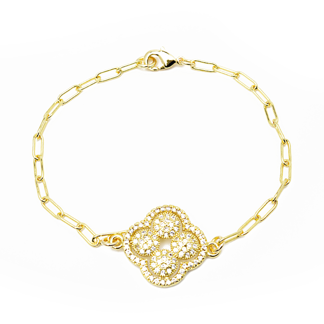 Gold Cubic Zirconia Pave Clover Chain Bracelet