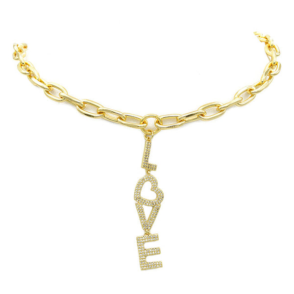 Gold Link Chain CZ Love Pendant Necklace