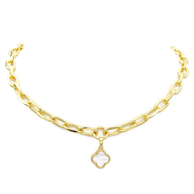 Gold Link Chain Clover Pendant Necklace