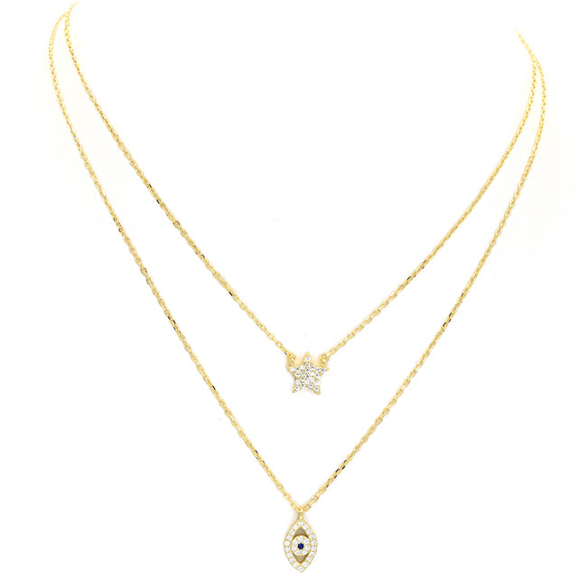 Sterling Silver Gold Plated CZ Evil Eye Layered Necklace