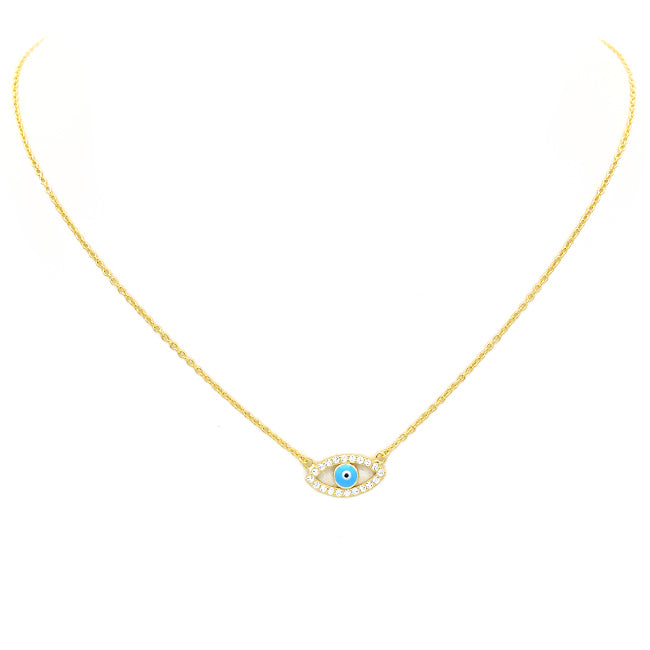Sterling Silver Gold Plated CZ Evil Eye Pendant Necklace
