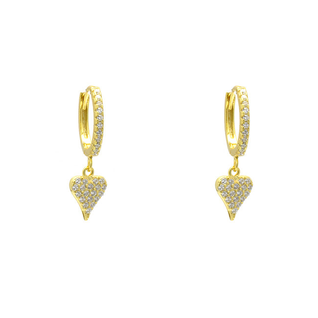 Sterling Silver Gold Plated CZ Pave Heart Dangle Earring