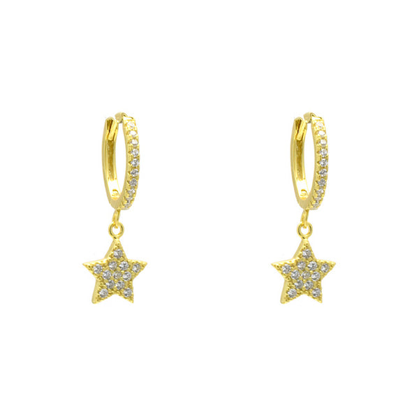 Sterling Silver Gold Plated CZ Pave Star Dangle Earring