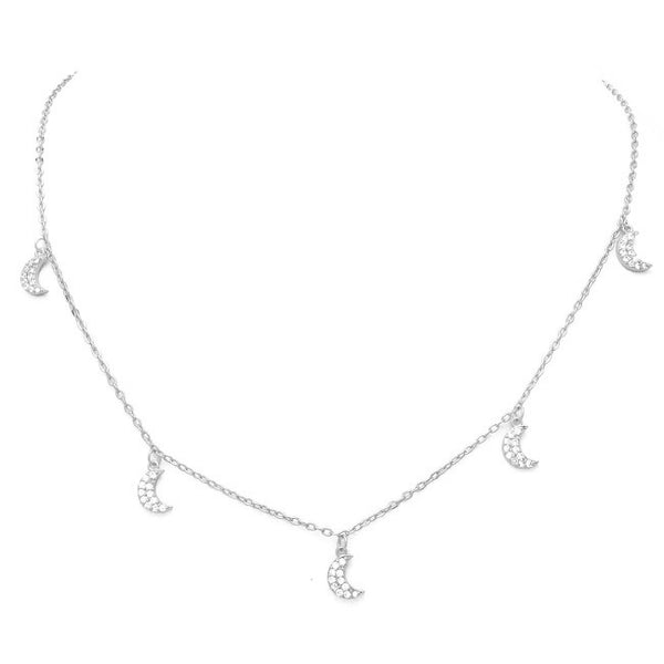 Silver Cubic Zirconia Pave Moon Charm Necklace