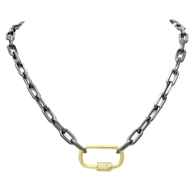 Gunmetal Linked Chain Necklace with Gold CZ Station