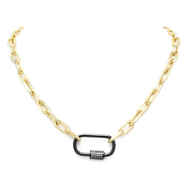 Gold Linked Chain Necklace with Gunmetal CZ Station