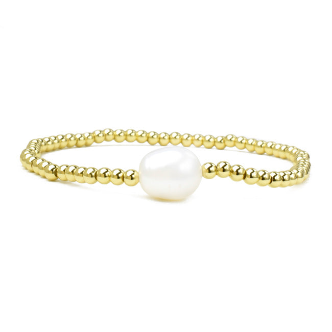 Gold Plated Beaded Stretch Bracelet with Fresh Water Pearl