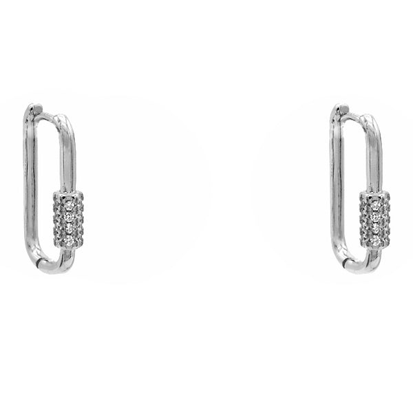 Silver Rectangular Hoop Earring with Pave Center