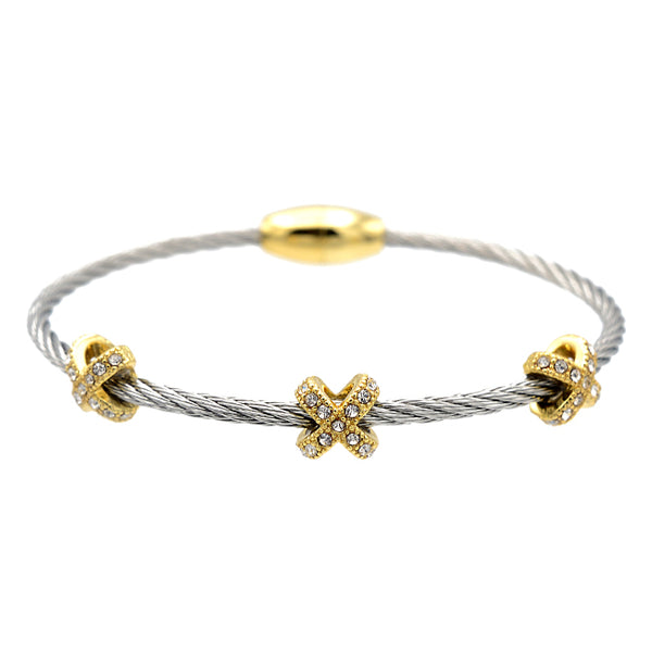 Two Tone Twisted Cable Cubic Zirconia X Bangle Bracelet