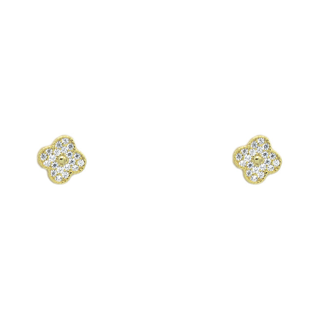 Sterling Silver Gold Plated CZ Clover Studs Earrings
