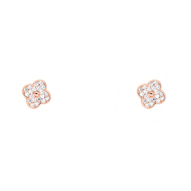 Sterling Silver Rose Gold Plated CZ Clover Studs Earrings