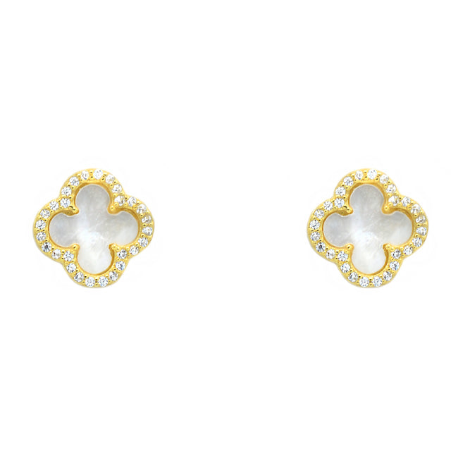 Sterling Silver Gold Plated CZ Clover Studs Earrings