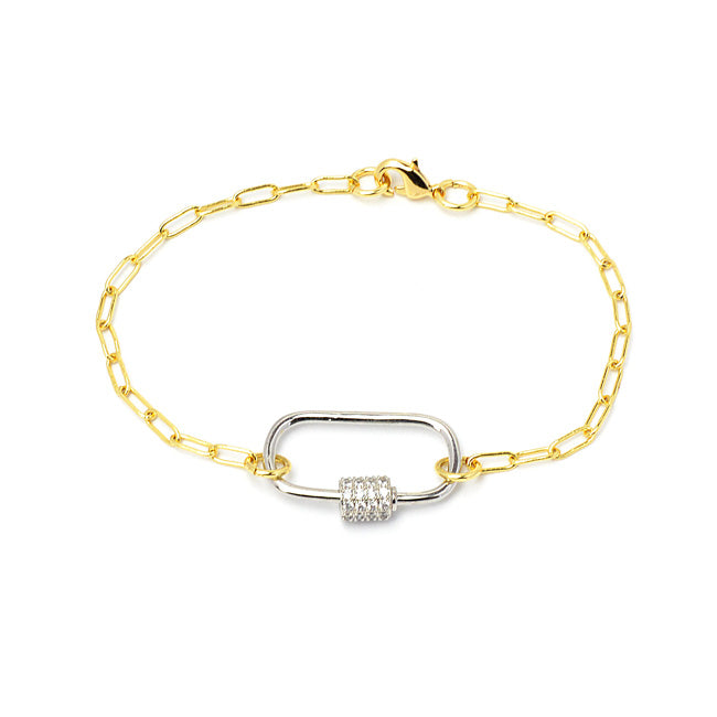 Gold Linked Chain Bracelet with Silver CZ Station