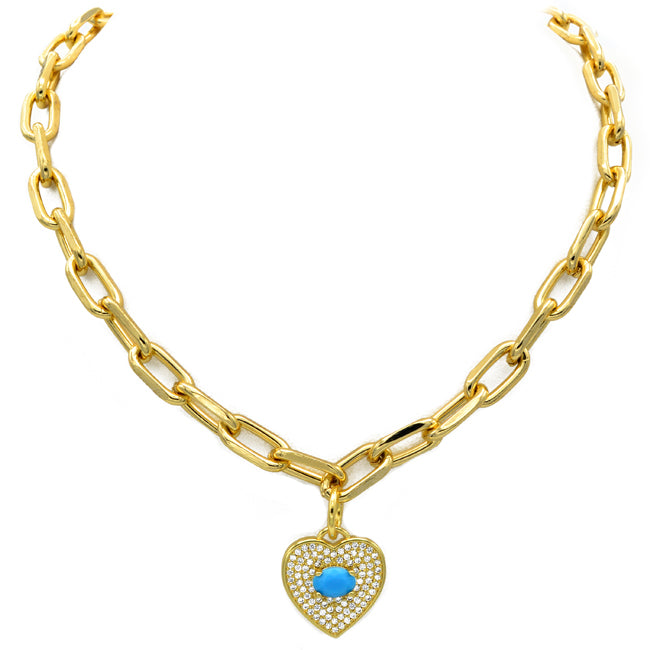 Gold Cubic Zirconia Pave Heart Chain Necklace
