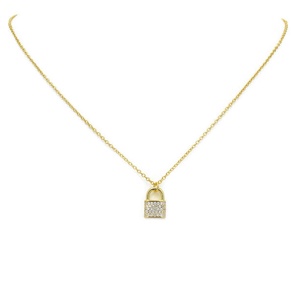 Sterling Silver Gold CZ Lock Necklace