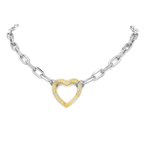 silver cz heart chain necklace