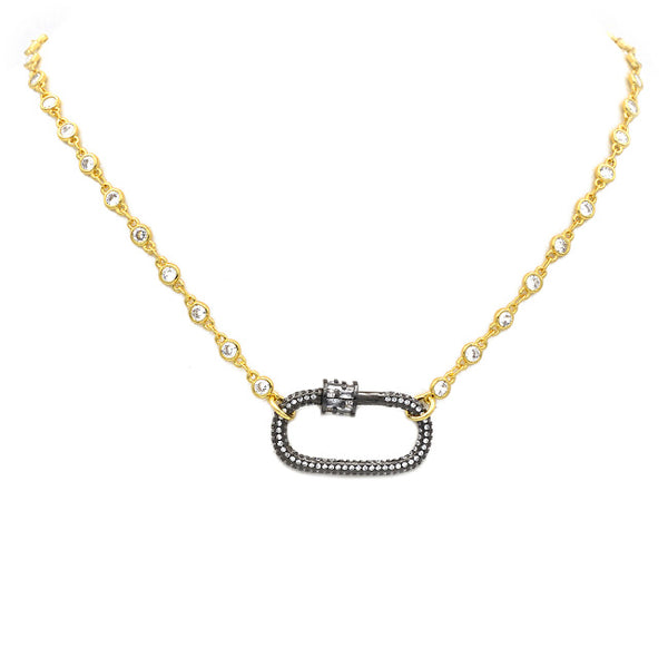Gold Linked Chain Necklace with Hematite CZ Station