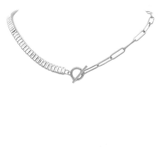 Silver Chain Toggle Necklace with CZ Baguettes
