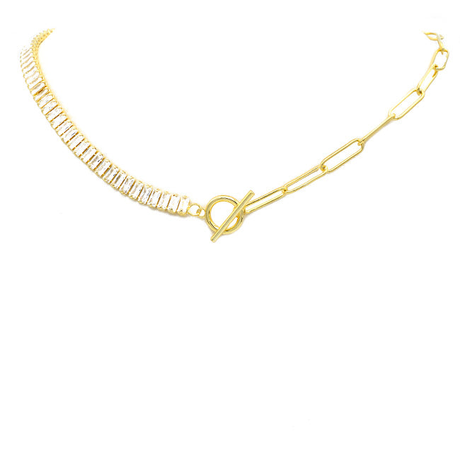 Gold Chain Toggle Necklace with CZ Baguettes