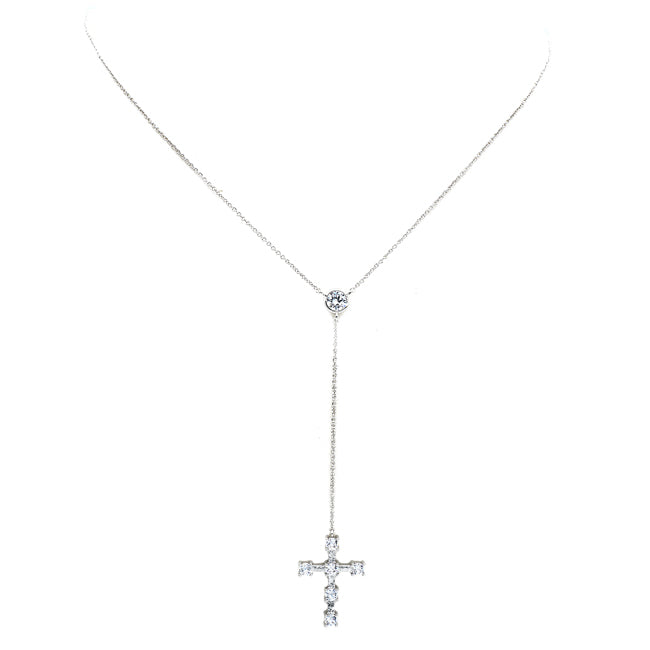 Silver Cubic Zirconia Cross Lariat Necklace