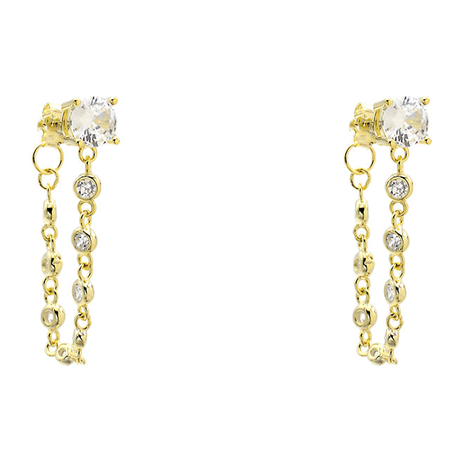 Sterling Silver Gold Plated CZ Chain Dangle Earrings