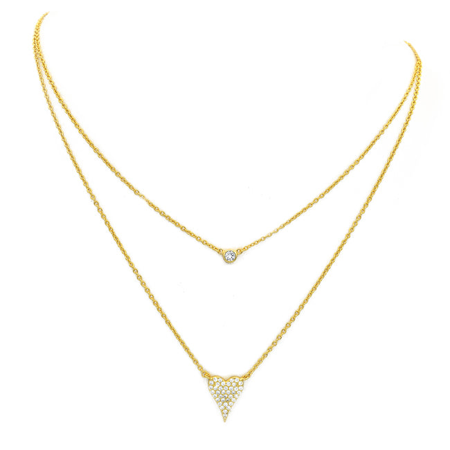 Sterling Silver Gold Plated Double Layer CZ Heart Necklace