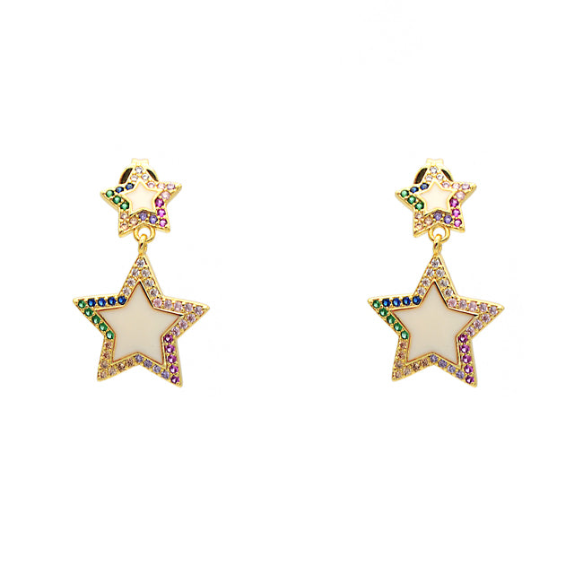 Gold Multi Color Cubic Zirconia Star Dangle Earrings